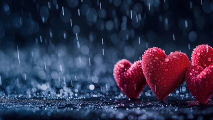 Obraz premium Red heart shapes under heavy rain. Love, loss, and emotional weather concept. 