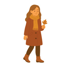 Girl in warm coat and scarf holding leaf. Flat cartoon autumn character isolated.