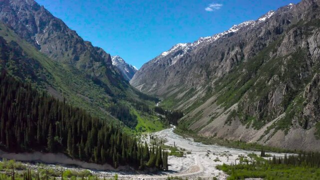 This footage features a valley surrounded by alpine trees and snow-capped mountains, filmed in sunny weather in Ala Archa National Park.
