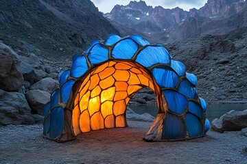 Illuminated glass structure near mountains