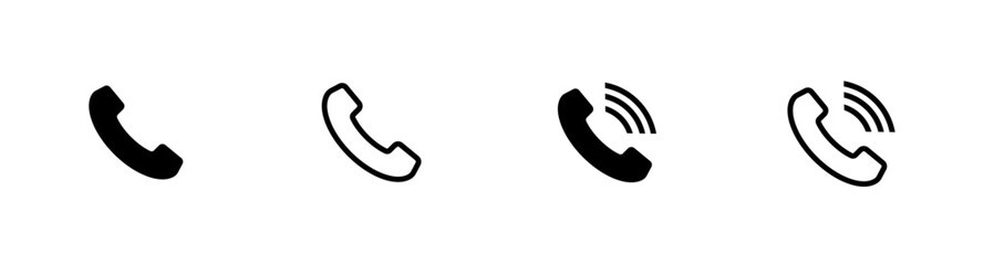 Phone ringing icons, call symbols with signal waves, telephone receiver icon set, black and white ringing phone icons, outline and filled phone call icons