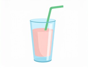 A tall glass with a light pink beverage and a green straw, isolated on a white background