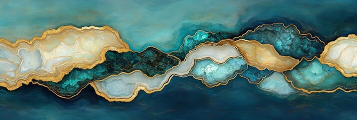 Obraz premium Abstract Sea of Precious Stones, Blue, Gold, Emerald, and White Quartz Geode Texture Wallpaper