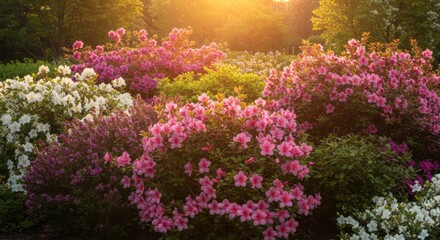 Fototapeta premium Vibrant Pink And White Azaleas Blooming At Sunset