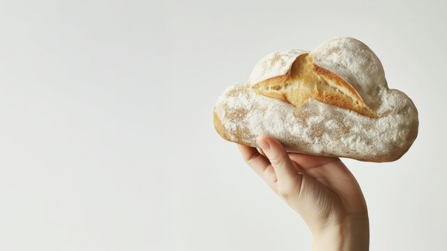  Cloud-shaped rustic loaf of bread in hand. Artisan baking and food creativity concept.
