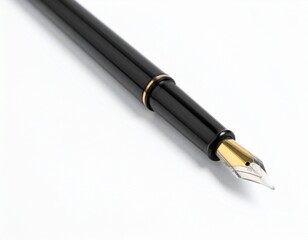 A close-up shot displays the nib and part of the black pen body with a gold band against a white backdrop