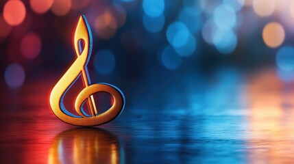 Golden Treble Clef on a Reflective Surface with a Bokeh Background