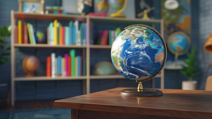 Globe on wooden table against colorful books on shelves background. Generated AI image