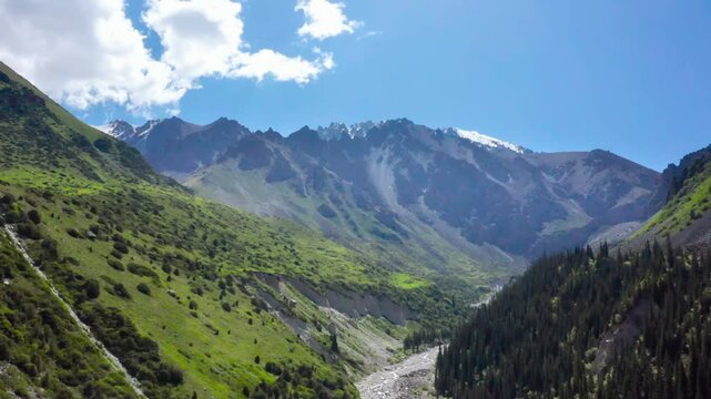 Footage shows a mountain landscape with alpine trees and snowy peaks under cloudy weather, filmed in Ala Archa National Park, Kyrgyzstan.