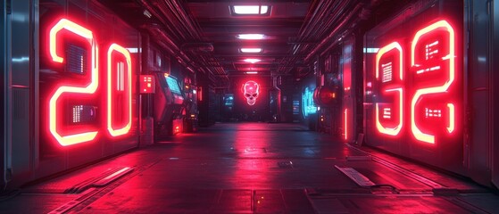 Cyberpunk corridor with glowing numbers ominous skull