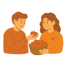 Smiling couple holding apples and basket in warm fall colors. Vector cartoon illustration.