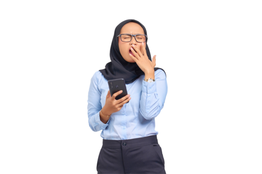 Portrait of confused young Asian woman holding mobile phone and feeling sleepy isolated on transparent background