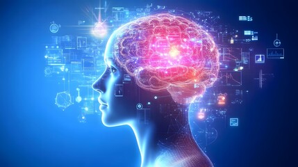 Digital illustration of a profile view of a head, brain, and abstract data.