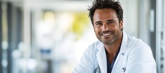 Naklejka premium Portrait Of A Confident Male Doctor Smiling In Modern Hospital Corridor With Blurred Background