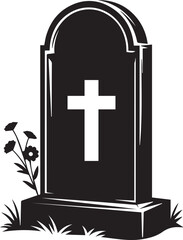 Obraz premium Black Tombstone with White Cross and Flowers