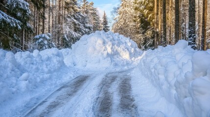 Obraz premium Snowy Forest Road Blocked by Huge Snowdrifts