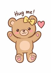 Fototapeta premium Adorable teddy bear character inviting a warm embrace with open arms and heart, surrounded by sweet affection and gentle innocence, perfect for kids
