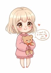 Obraz premium A sweet anime girl expressing heartfelt affection for her teddy bear, encapsulating themes of love and innocence in a charming illustration style