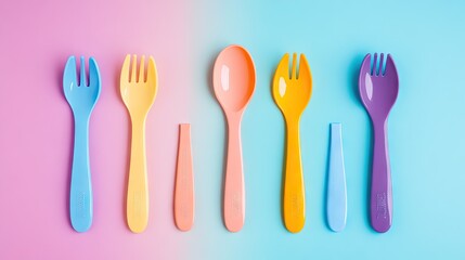 A vibrant assortment of colorful plastic utensils and containers scattered playfully on a soft blue background. ideal for children's dining or playful kitchen themes