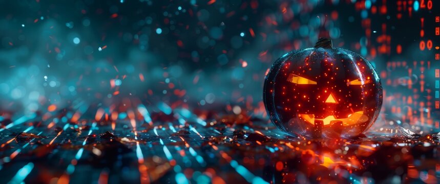 Glowing pumpkin jack-o'-lantern with sinister eyes in a futuristic cyberpunk setting. Neon red and blue binary code floats in a dark, eerie atmosphere - Powered by Adobe
