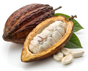 Fresh cacao pod with raw cocoa beans inside
