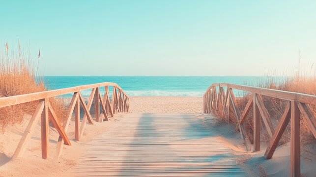 Wooden boardwalk leading to the ocean on a sandy beach with calm waters and a clear blue sky.
