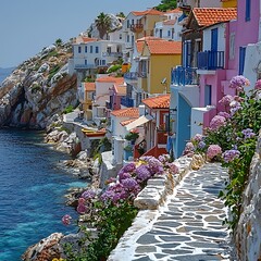 Fototapeta premium Colorful hillside houses, stone path, ocean view