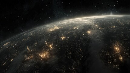 Obraz premium Earth with glowing cities at night, surrounded by a dark expanse of space, with a view of the planets curvature from orbit