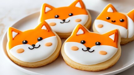 Fototapeta premium Adorable Fox Face Sugar Cookies on White Plate. Perfect for Autumn Celebrations, Birthday Parties
