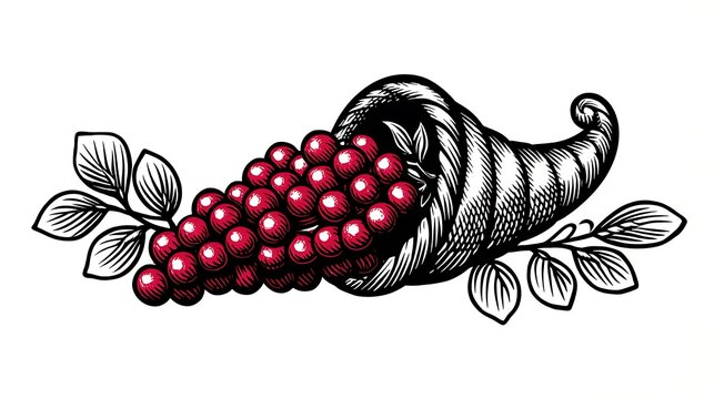 red grapes in cornucopia, black and white clip art preview