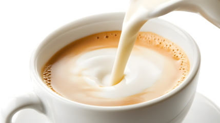 Pouring Milk into a Cup of Coffee Isolated on White Background