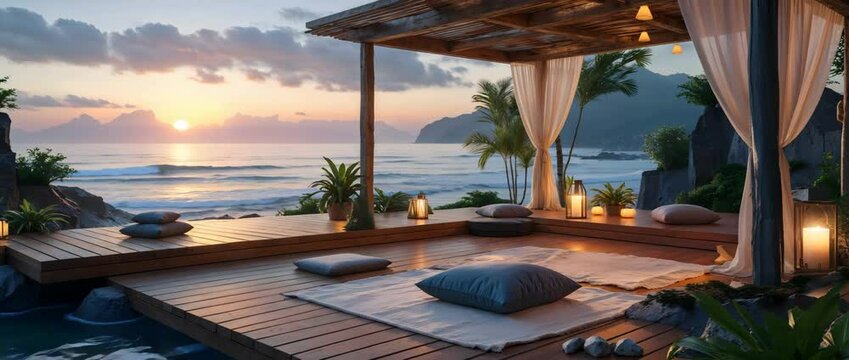 Luxurious coastal getaway pavilion with sunset ocean view and tranquil ambiance