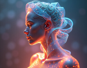 Naklejka premium A profile of a futuristic woman with glowing details and sci-fi elements.