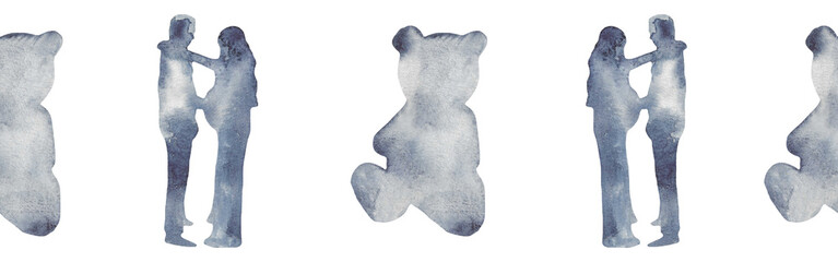 Watercolor border with silhouettes of a pregnant woman and a toy..Brush strokes in the form of blue silhouettes of bear.Silhouette of toy on white background.