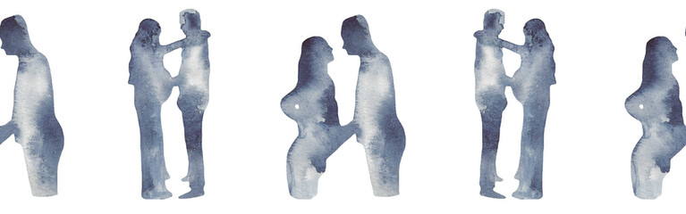 Watercolor border with silhouettes of family.Brush strokes in the form of blue silhouettes of bear.Silhouette of toy on white background.