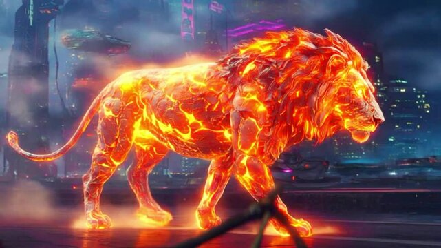 a lion from a burning fire at night