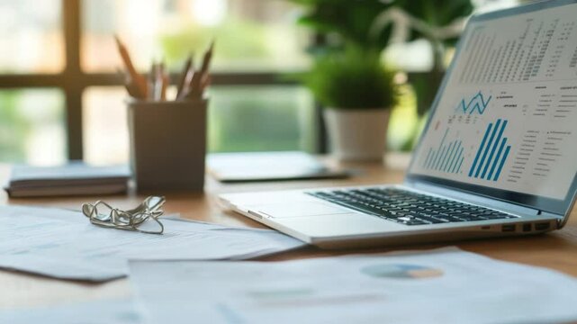 Business Workspace: A modern workstation set up featuring a laptop displaying financial charts, documents, and office supplies arranged neatly on a wooden desk.
