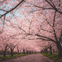 Fototapeta premium Pink Cherry Blossom Trees Tunnel Pathway
