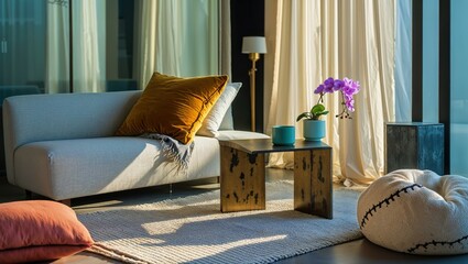 Generative AI, Bohemian Living Room with Mustard Velvet Accent