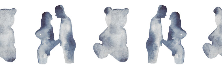 Watercolor border with silhouettes of a teddy and a family.Brush strokes in the form of blue silhouettes of bear.Silhouette of toy on white background.