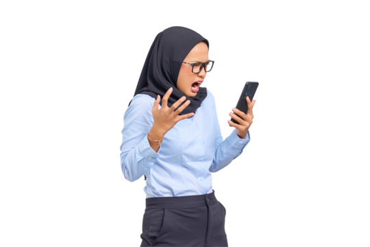 Portrait of angry young Asian woman yelling at mobile phone isolated on transparent background