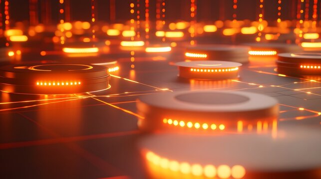 Abstract design of glowing circular objects on a dark surface.