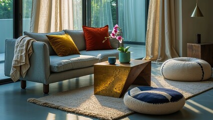 Generative AI, Bohemian Living Room with Mustard Velvet Accent