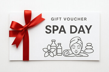 Minimalist spa day voucher with red ribbon and icons for wellness gift card 