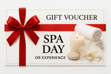 Spa day or experience gift voucher with candle, towel, orchid and ribbon