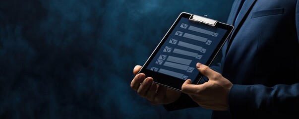 A professional man in a suit holding a tablet displaying a checklist. symbolizing productivity and organization in a dark. elegant office setting