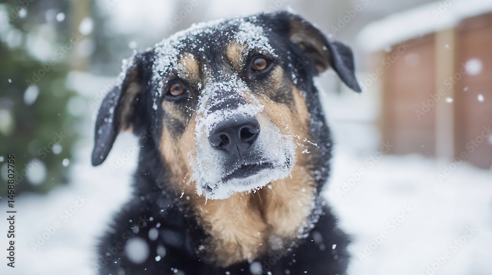 Poster a black and tan dog, covered in snowflakes, looks directly at the camera in a snowy winter scene. it