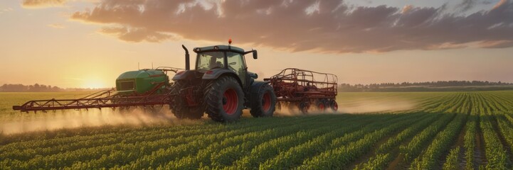 Obraz premium Tractor spraying pesticide on soybeans at sunset, landscape, brown