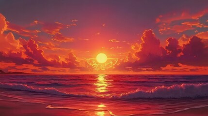 Naklejka premium beautiful sunset over the beach with vibrant oranges and reds filling the sky, while the ocean reflects the colors, and the sound of the waves provides a calming soundtrack