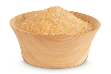 The brown sugar in wooden bowl isolated on white background